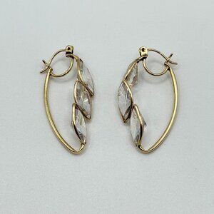 14K Gold Leaf-Shaped Hoop Earrings With Clear Crystal Accents